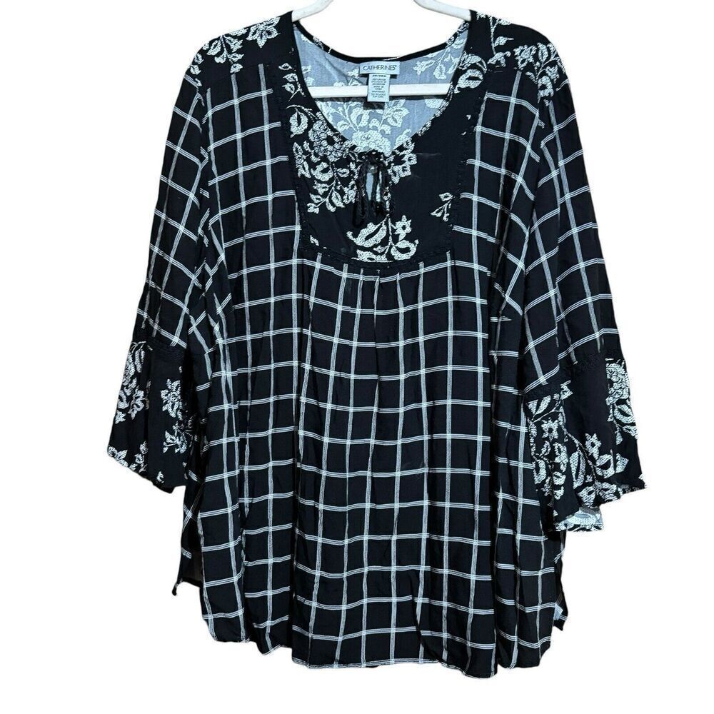 Catherines Tunic Top Womens 26 28W Multicolor Floral Plaid Print Scoop Blouse